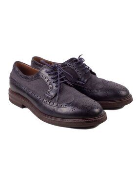 BRUNELLO CUCINELLI Navy Leather Canvas Wingtip Brogue Oxford Shoes Sz EU 43